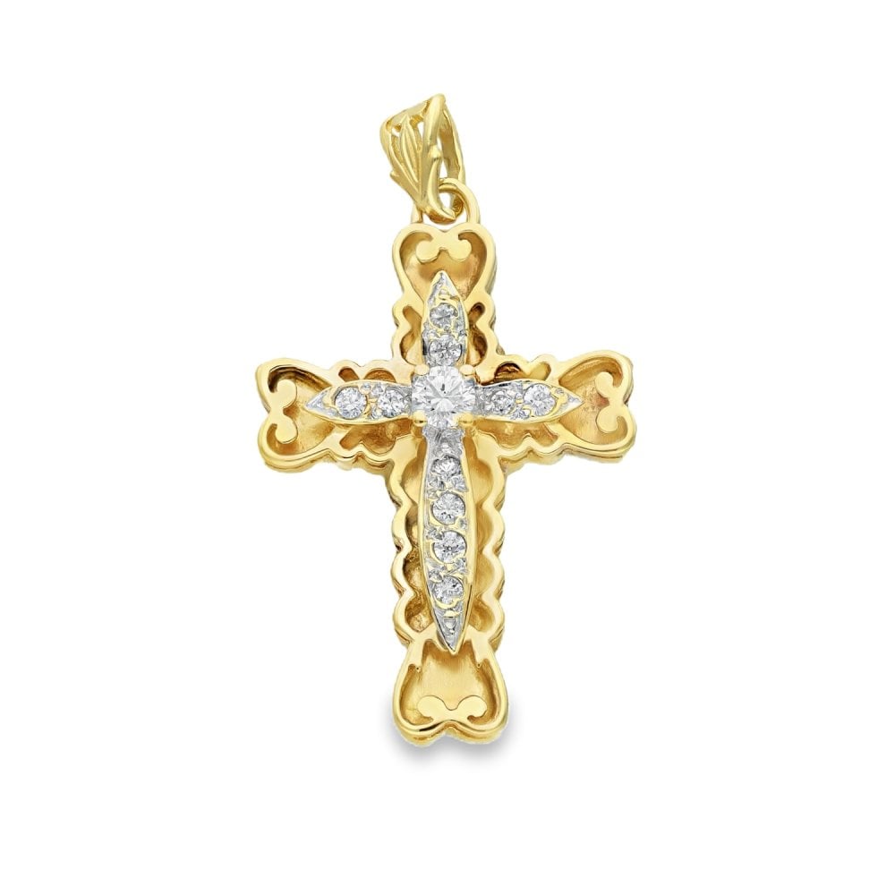 9ct Yellow Gold Cubic Zirconia Cross Pendant - 43x24x8mm - 8.1g