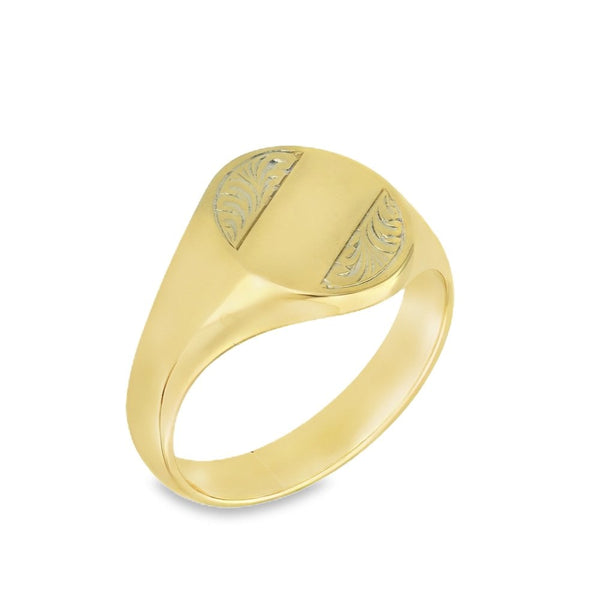 9ct Yellow Gold Oval Feather-Engraved Signet Ring - Size T