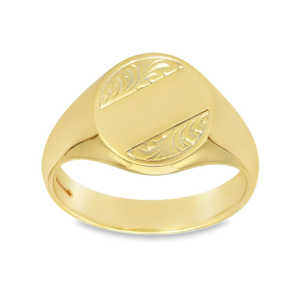 9ct Yellow Gold Oval Feather-Engraved Signet Ring - Size T