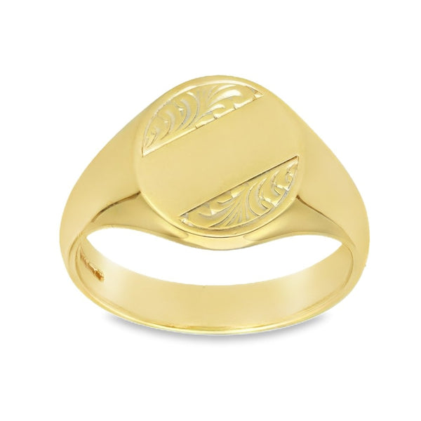 9ct Yellow Gold Oval Feather-Engraved Signet Ring - Size T