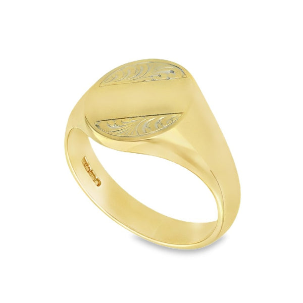 9ct Yellow Gold Oval Feather-Engraved Signet Ring - Size T