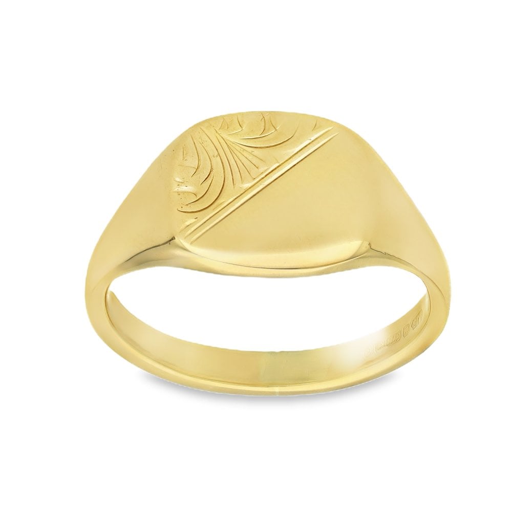 9ct Yellow Gold Cushion Half-Engraved Signet Ring - Size W½