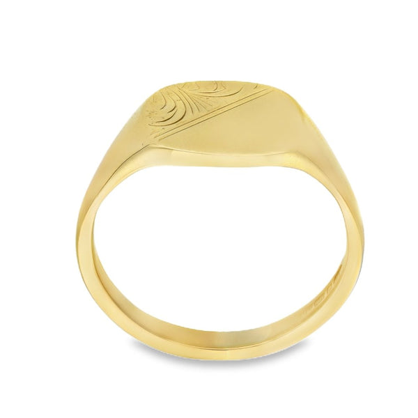 9ct Yellow Gold Cushion Half-Engraved Signet Ring - Size W½