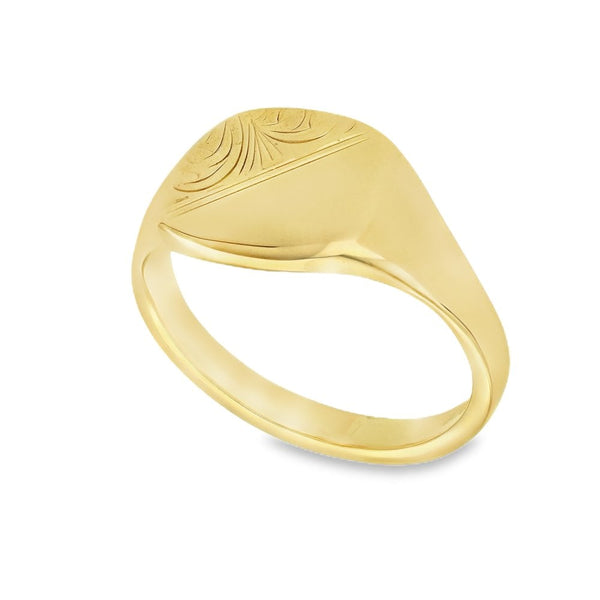 9ct Yellow Gold Cushion Half-Engraved Signet Ring - Size W½