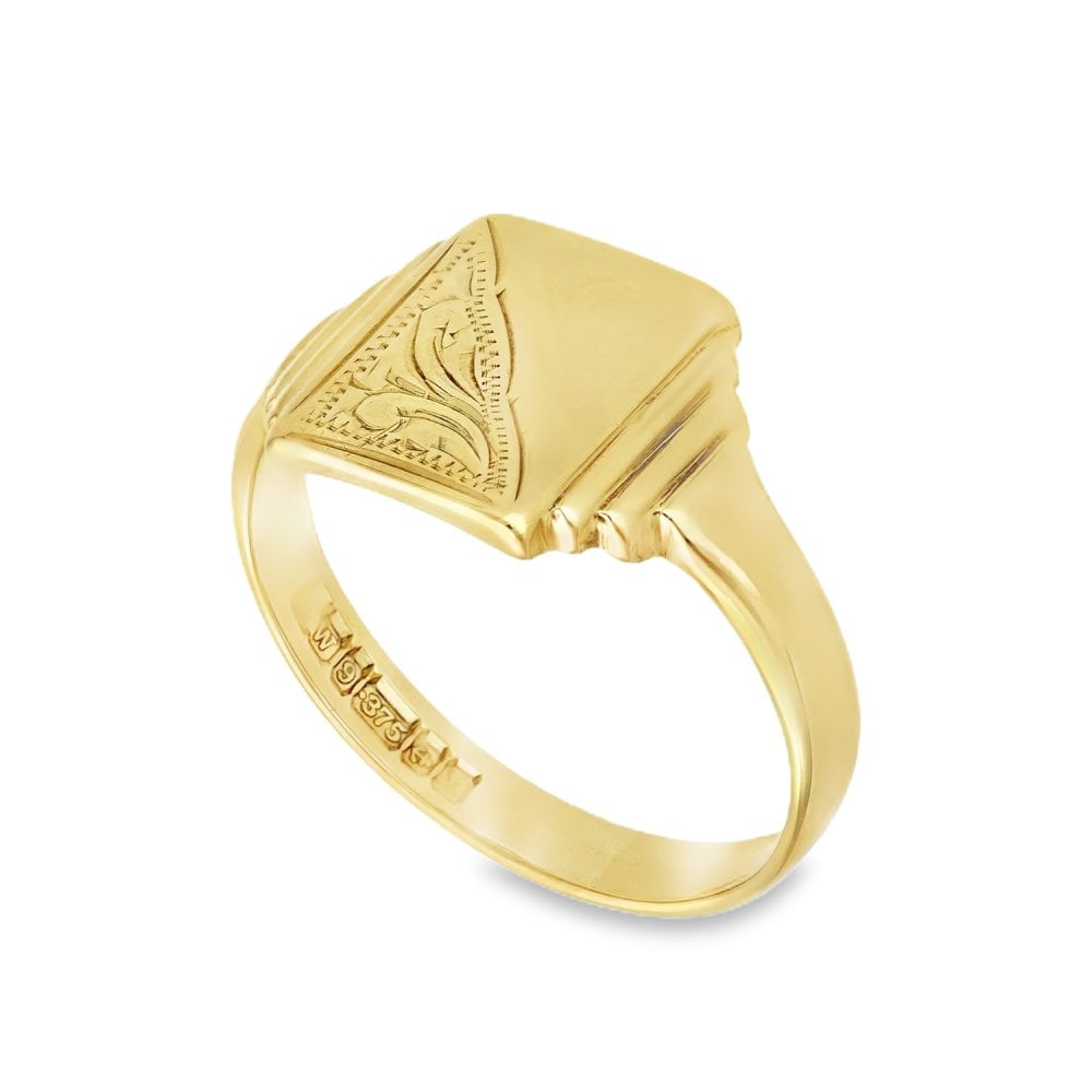9ct Yellow Gold Rectangular Half-Engraved Signet Ring - Size W