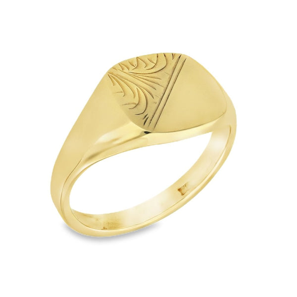 9ct Yellow Gold Half-Engraved Cushion Signet Ring - Size U½