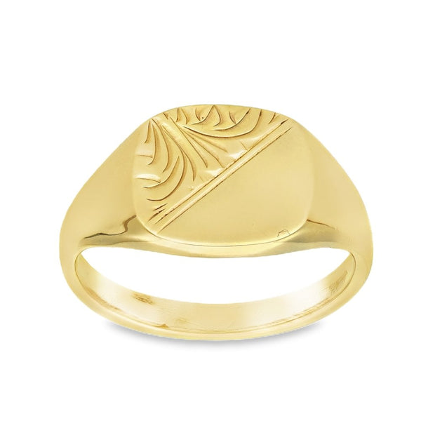 9ct Yellow Gold Half-Engraved Cushion Signet Ring - Size U½
