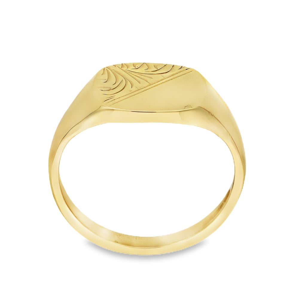 9ct Yellow Gold Half-Engraved Cushion Signet Ring - Size U½
