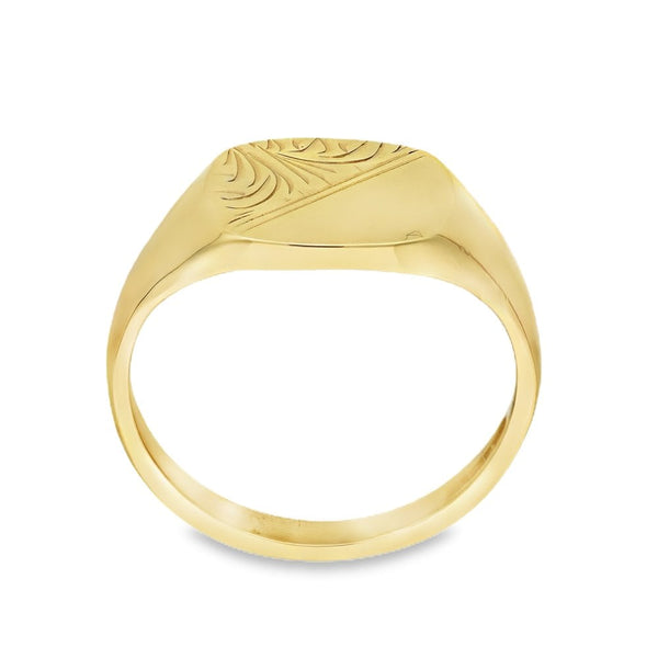 9ct Yellow Gold Half-Engraved Cushion Signet Ring - Size U½