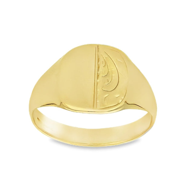 9ct Yellow Gold Half-Engraved Signet Ring - Size W½ - 14x14mm