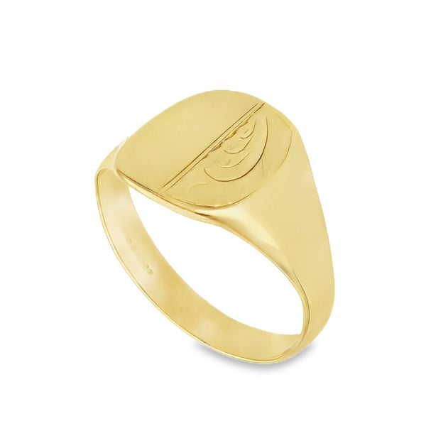 9ct Yellow Gold Half-Engraved Signet Ring - Size W½ - 14x14mm
