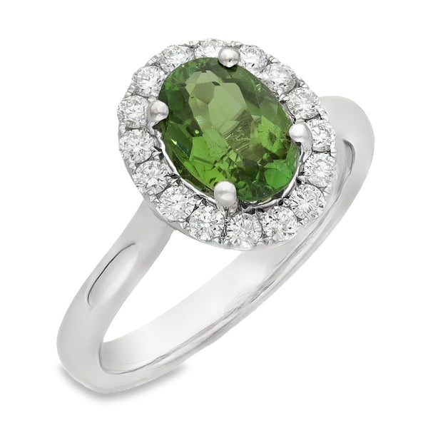 18ct White Gold Diamond & Green Tourmaline Halo Ring - 0.40ct