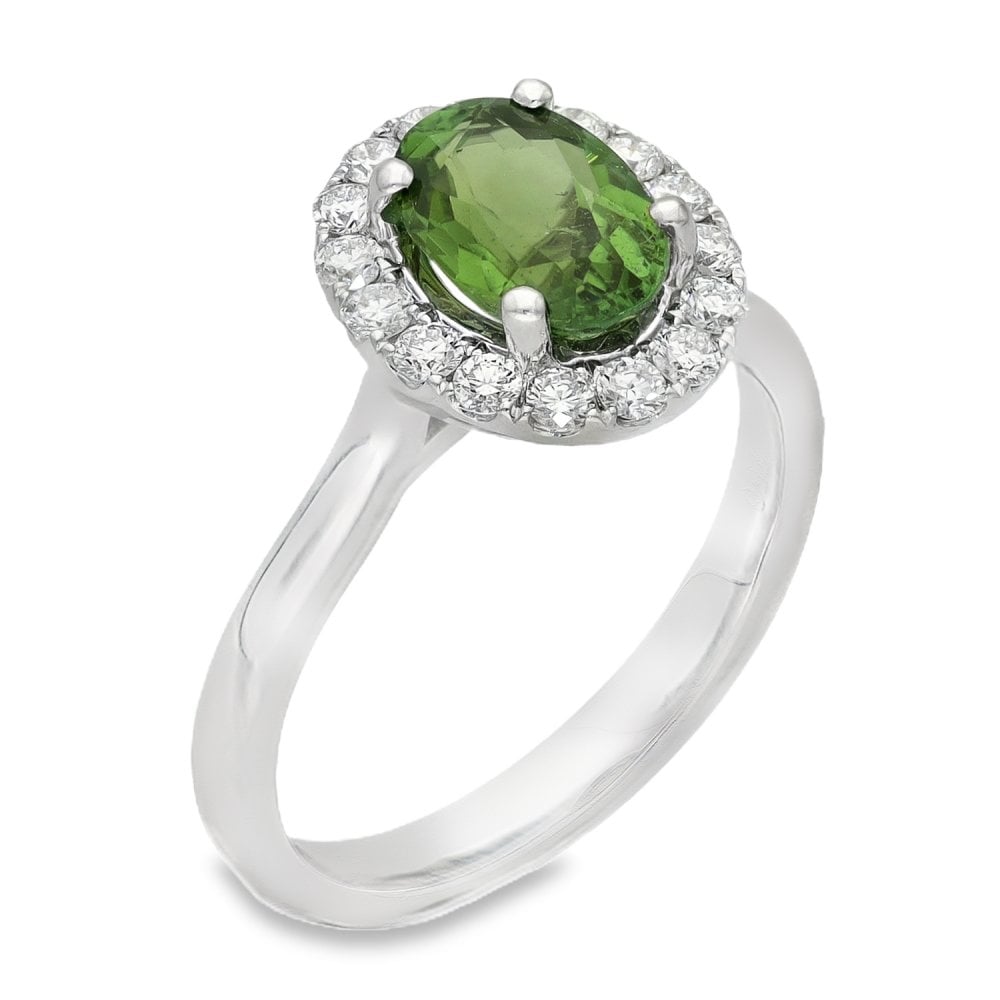18ct White Gold Diamond & Green Tourmaline Halo Ring - 0.40ct