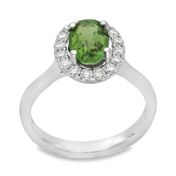 18ct White Gold Diamond & Green Tourmaline Halo Ring - 0.40ct