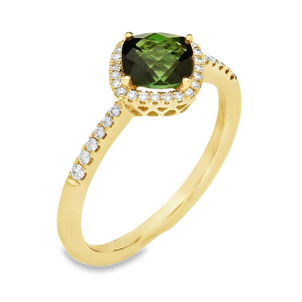 9ct Yellow Gold Diamond & Green Tourmaline Ring - 0.15ct