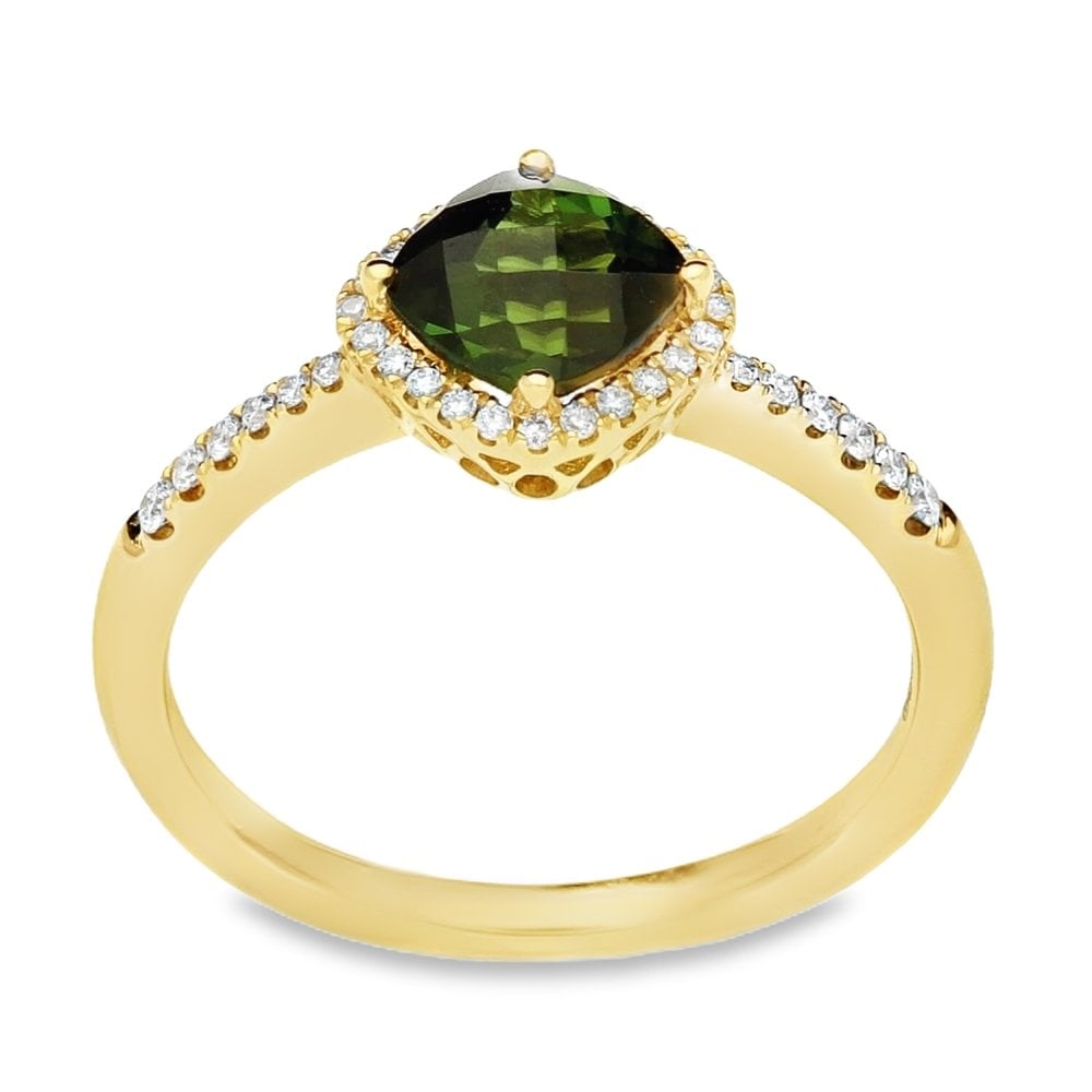9ct Yellow Gold Diamond & Green Tourmaline Ring - 0.15ct