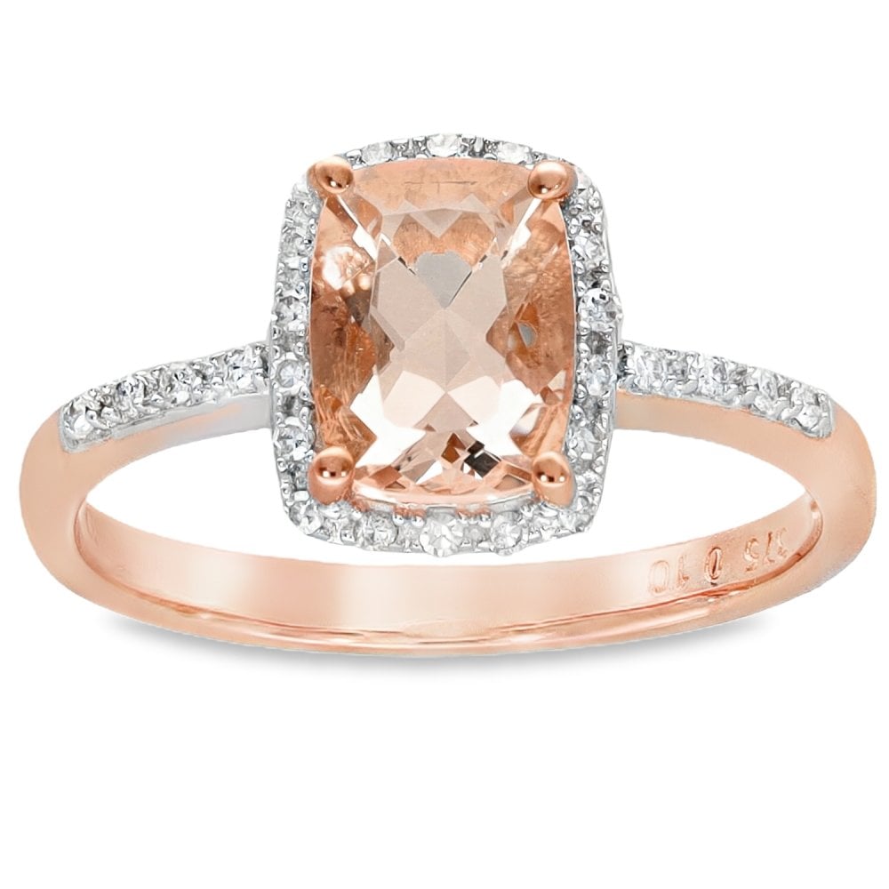 9ct Rose Gold Diamond & Pink Morganite Halo Ring - Size N