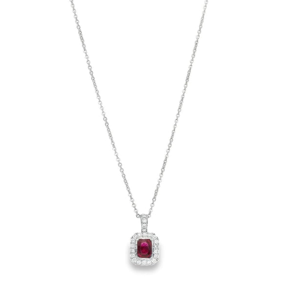 18ct White Gold Ruby & Diamond Cluster Pendant & Chain - 0.10ct