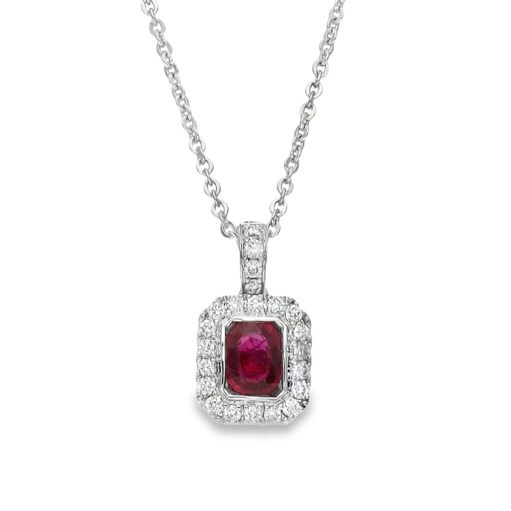 18ct White Gold Ruby & Diamond Cluster Pendant & Chain - 0.10ct