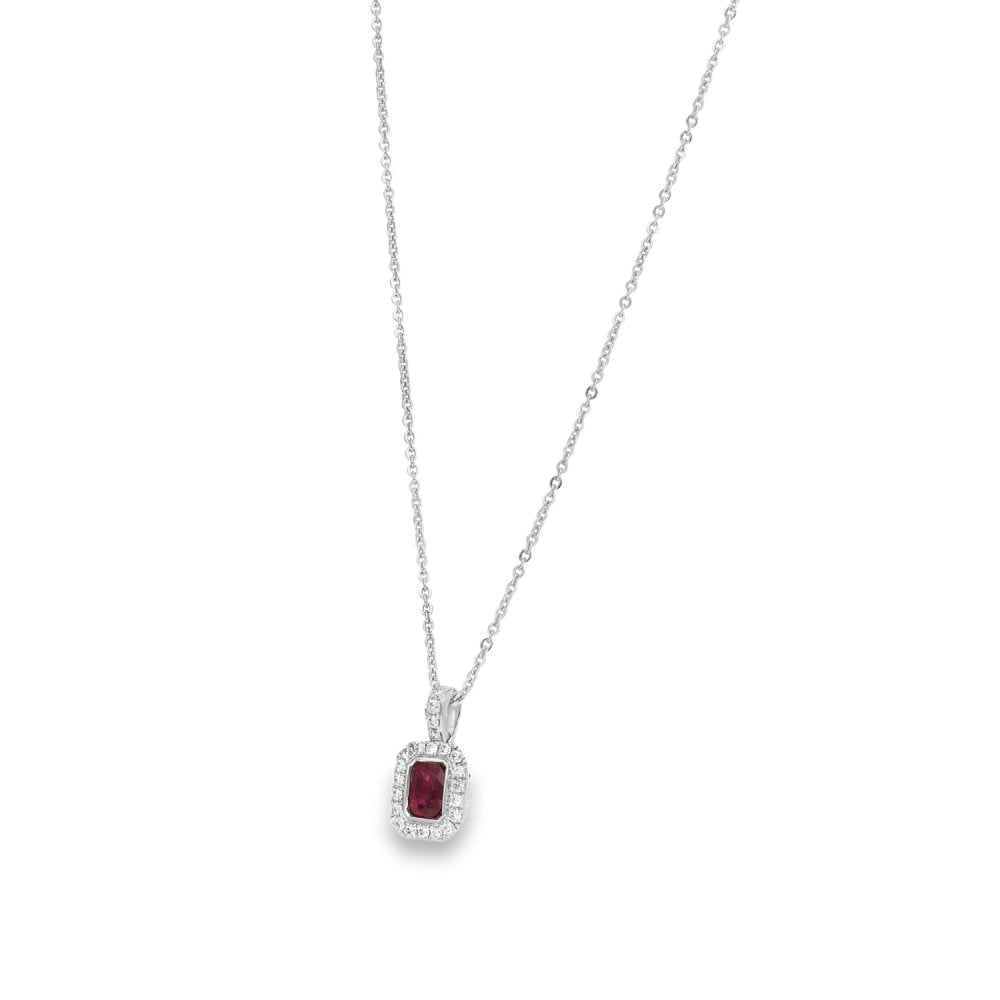 18ct White Gold Ruby & Diamond Cluster Pendant & Chain - 0.10ct