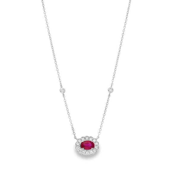 9ct White Gold Ruby & Diamond Cluster Pendant & Necklace -0.26ct