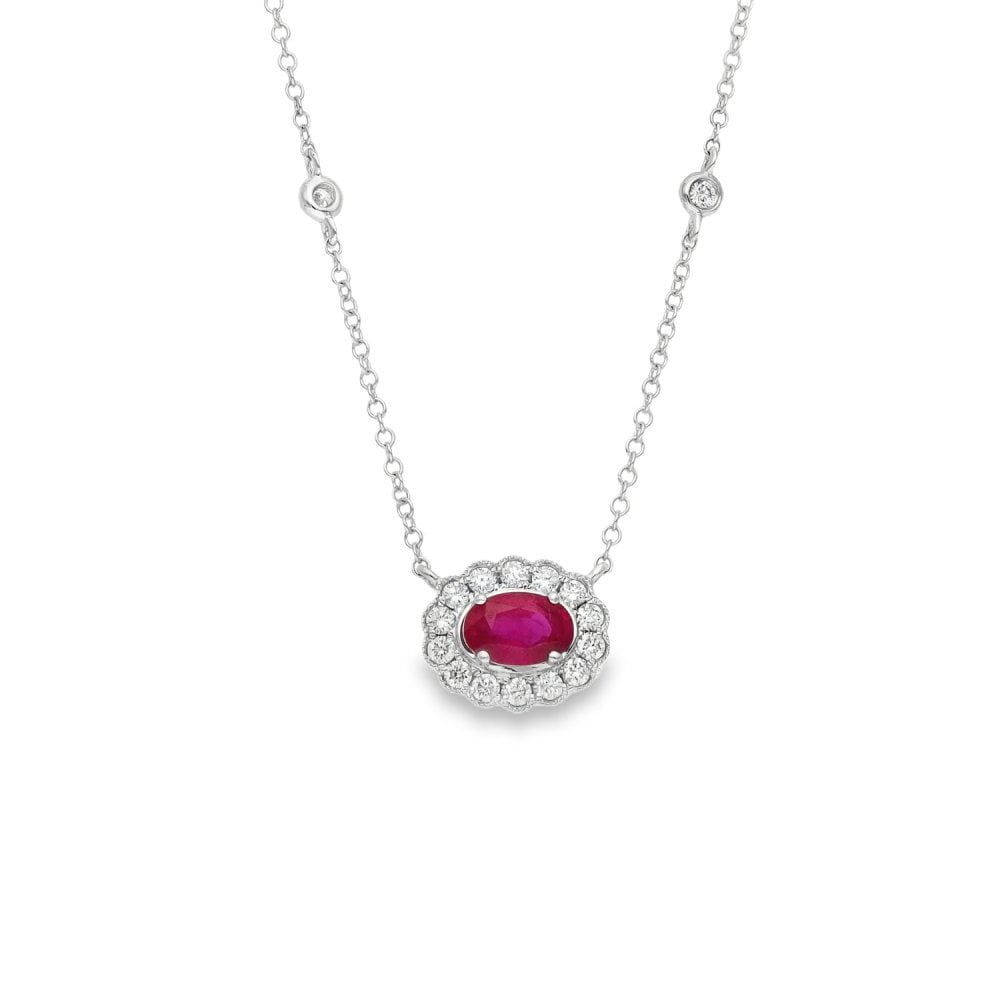 9ct White Gold Ruby & Diamond Cluster Pendant & Necklace -0.26ct