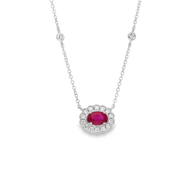 9ct White Gold Ruby & Diamond Cluster Pendant & Necklace -0.26ct