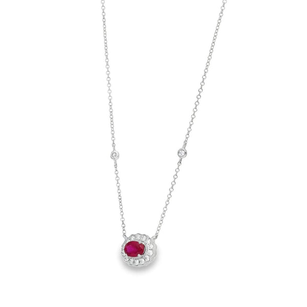 9ct White Gold Ruby & Diamond Cluster Pendant & Necklace -0.26ct