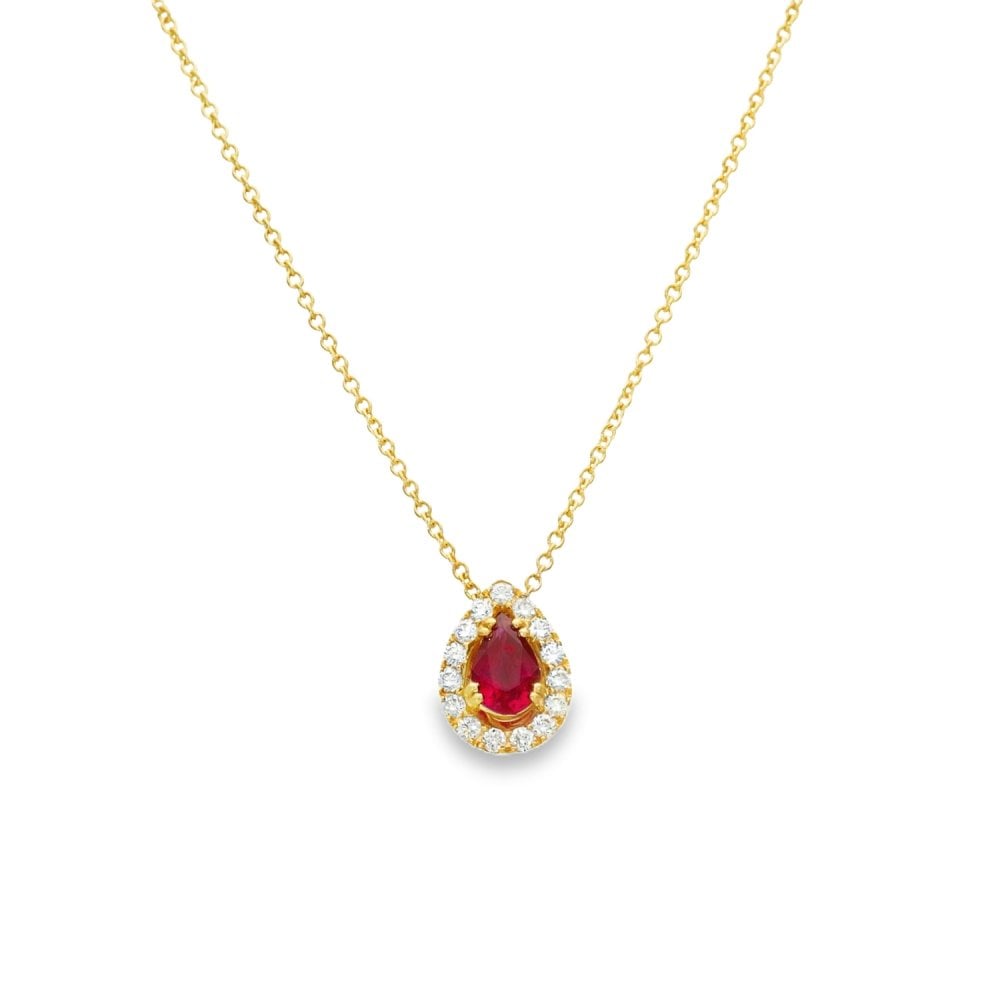 18ct Yellow Gold Diamond & Ruby Cluster Pendant & Necklace - 18"