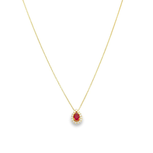 18ct Yellow Gold Diamond & Ruby Cluster Pendant & Necklace - 18"