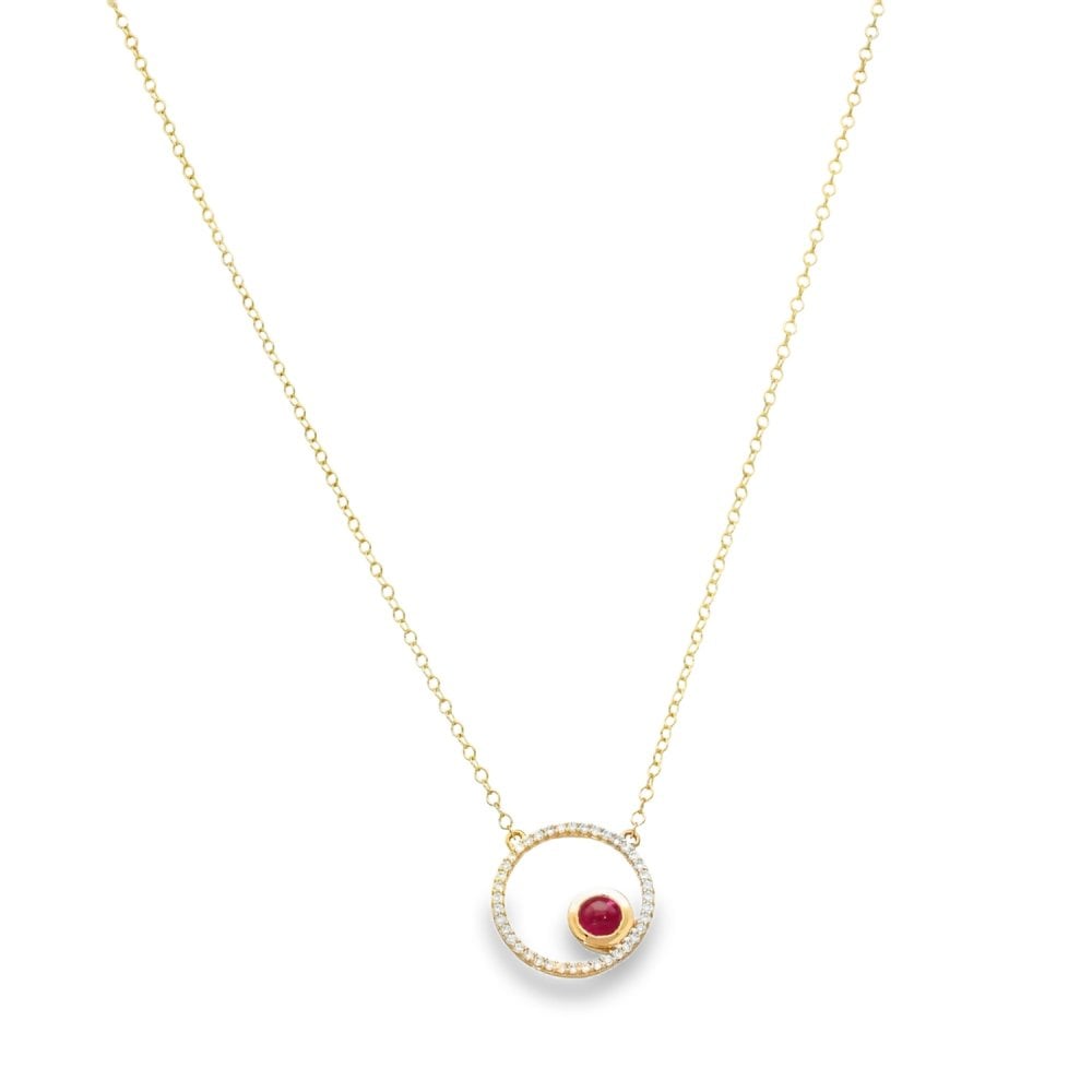 9ct Yellow Gold Diamond & Ruby Open Pendant & Chain - 16/18"