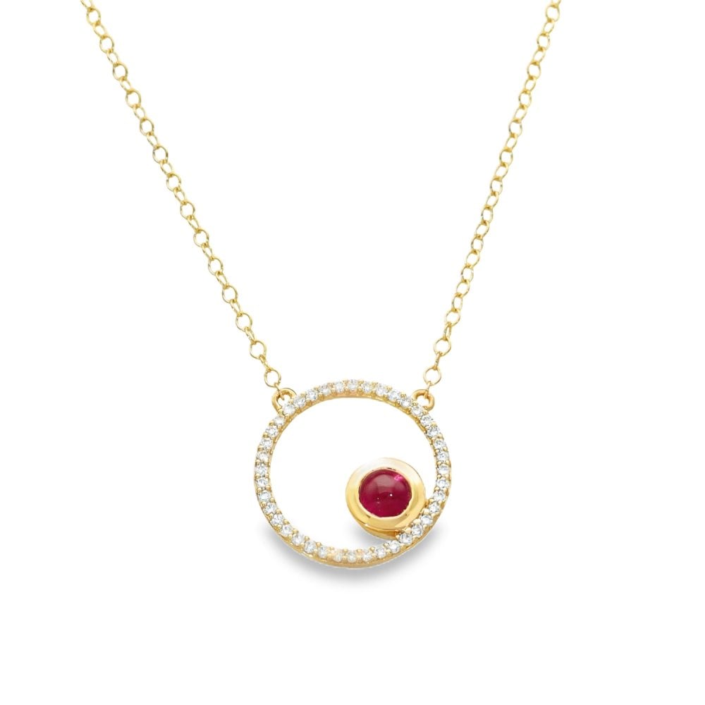 9ct Yellow Gold Diamond & Ruby Open Pendant & Chain - 16/18"