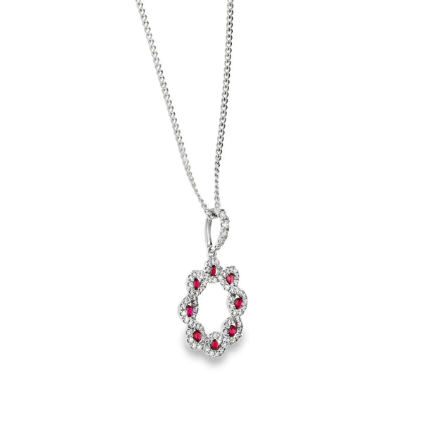 18ct White Gold Ruby & Diamond Circle Pendant & Necklace - 18"