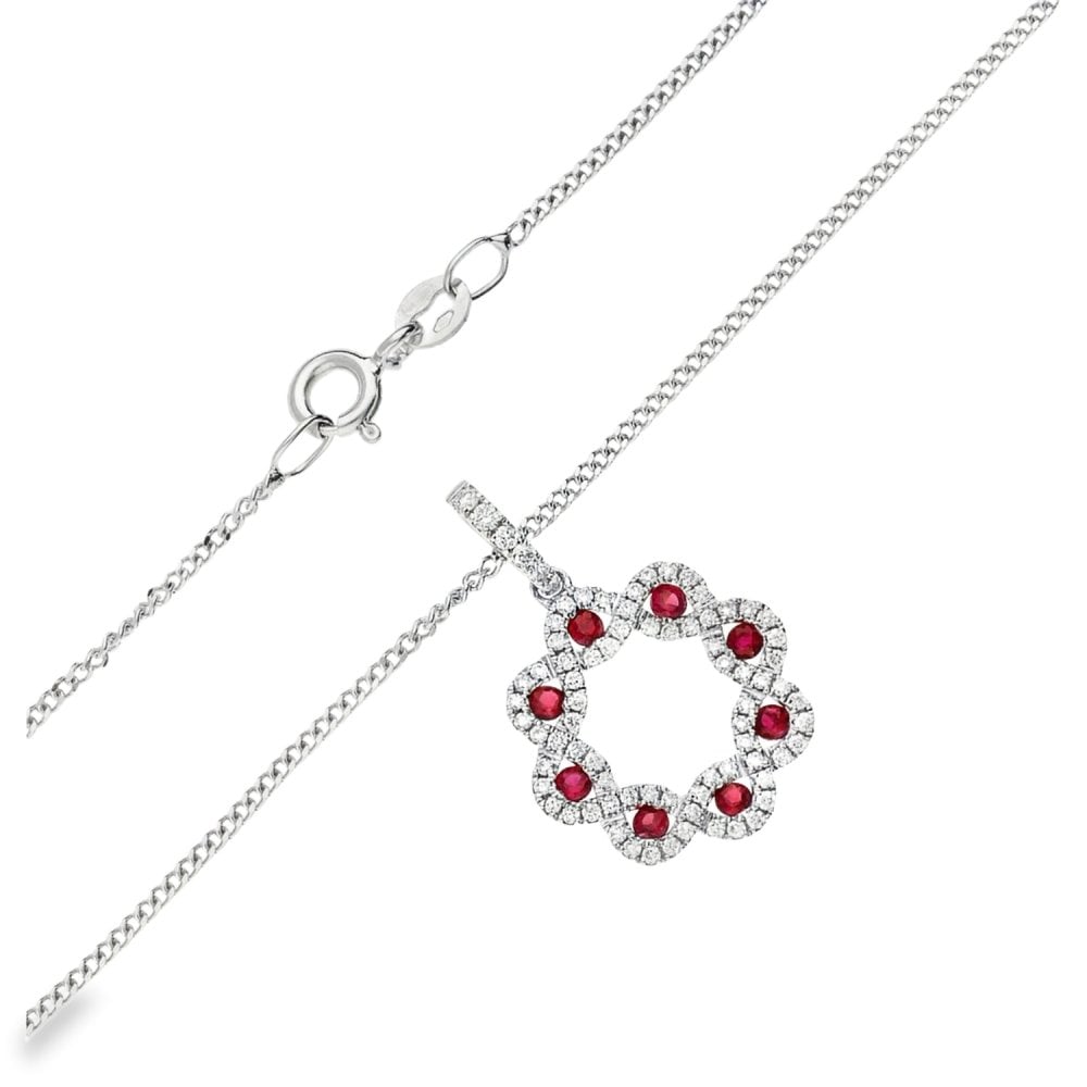 18ct White Gold Ruby & Diamond Circle Pendant & Necklace - 18"
