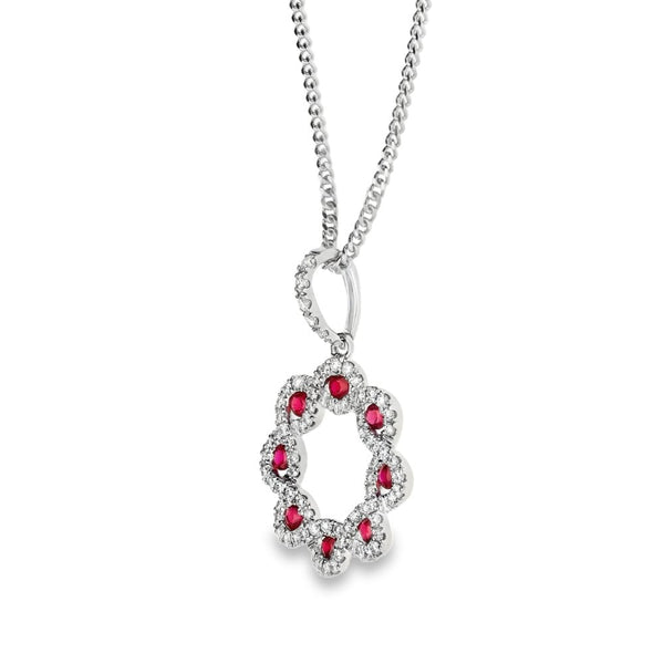 18ct White Gold Ruby & Diamond Circle Pendant & Necklace - 18"