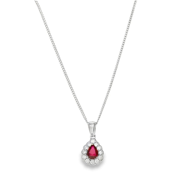 18ct White Gold Ruby & Diamond Pendant & Necklace - 18" - 0.18ct