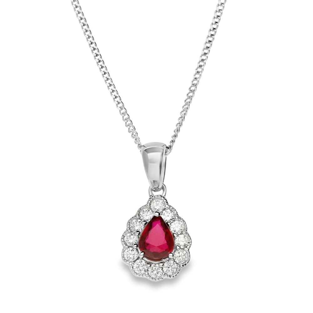 18ct White Gold Ruby & Diamond Pendant & Necklace - 18" - 0.18ct