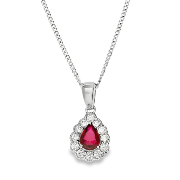 18ct White Gold Ruby & Diamond Pendant & Necklace - 18" - 0.18ct