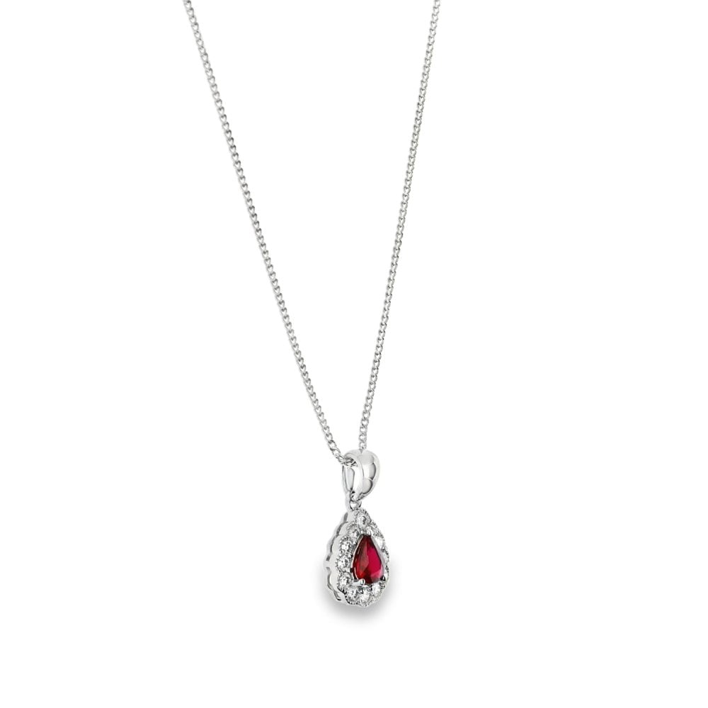 18ct White Gold Ruby & Diamond Pendant & Necklace - 18" - 0.18ct