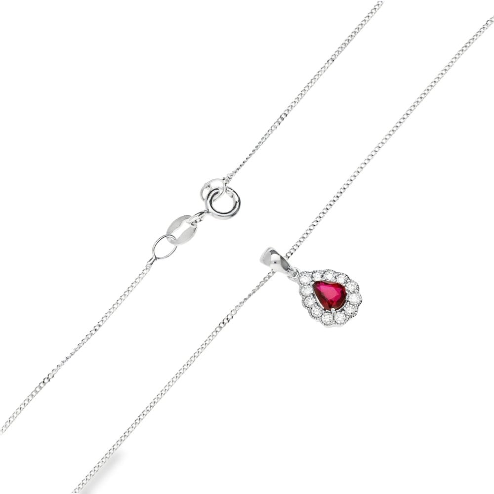 18ct White Gold Ruby & Diamond Pendant & Necklace - 18" - 0.18ct