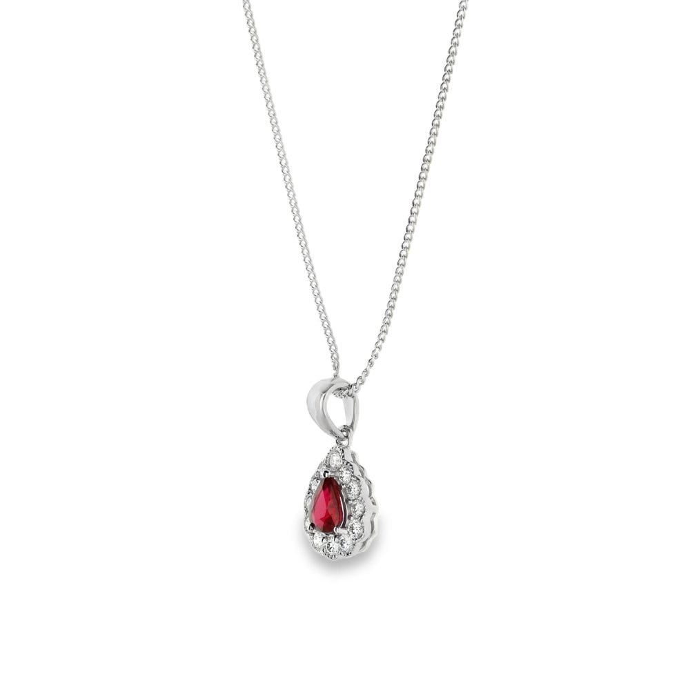 18ct White Gold Ruby & Diamond Pendant & Necklace - 18" - 0.18ct