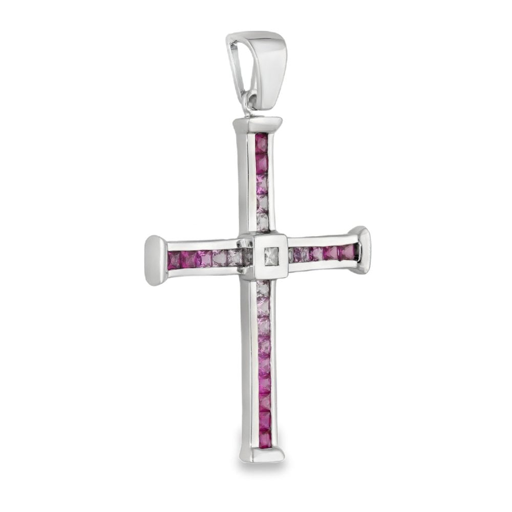 18ct White Gold Pink Sapphire & Diamond Cross Pendant - 1.20ct