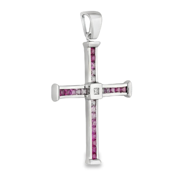 18ct White Gold Pink Sapphire & Diamond Cross Pendant - 1.20ct