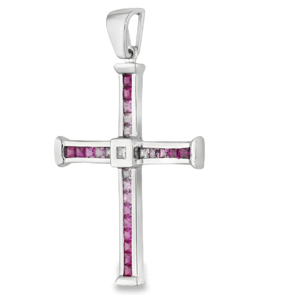 18ct White Gold Pink Sapphire & Diamond Cross Pendant - 1.20ct