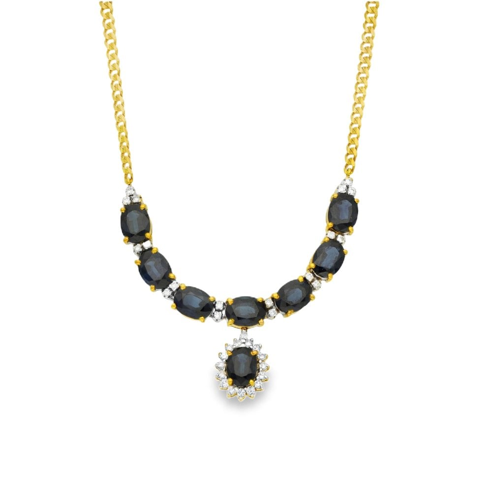 18ct Yellow Gold Sapphire & Diamond Necklace - 16" - 12.25ct