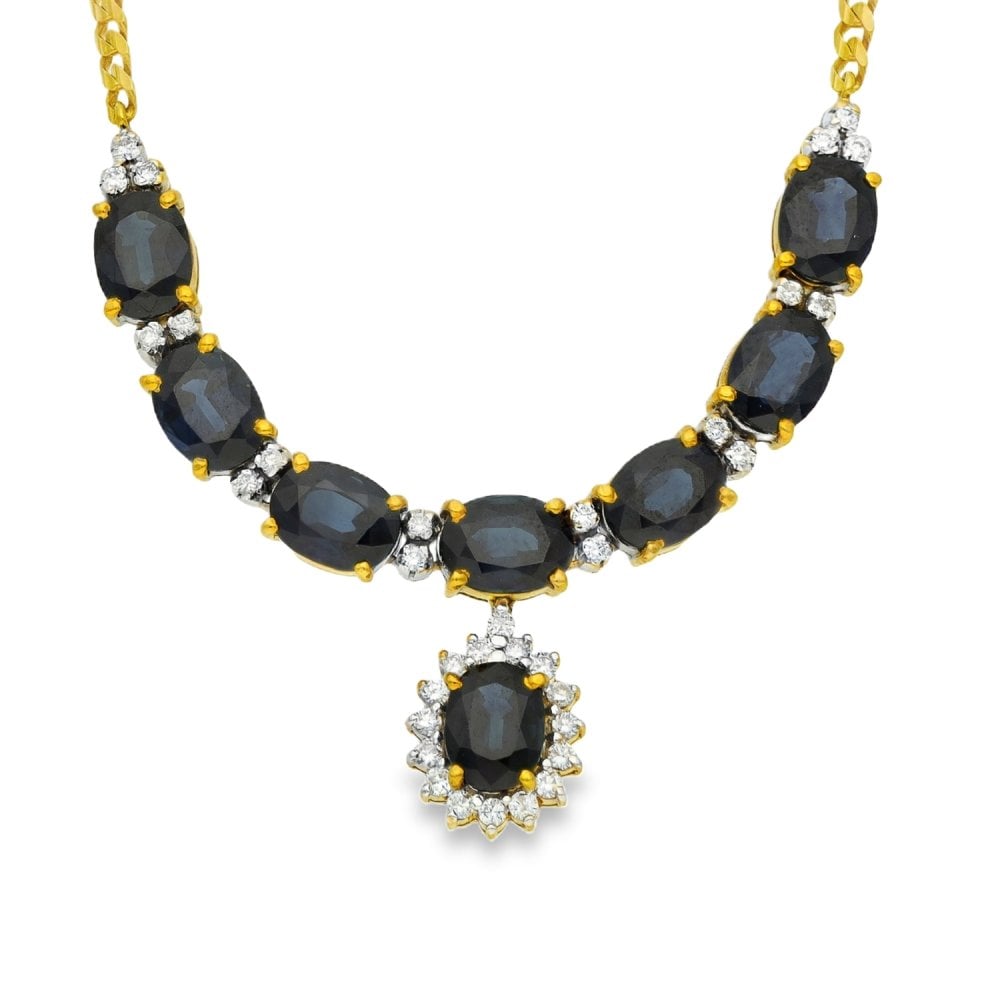 18ct Yellow Gold Sapphire & Diamond Necklace - 16" - 12.25ct