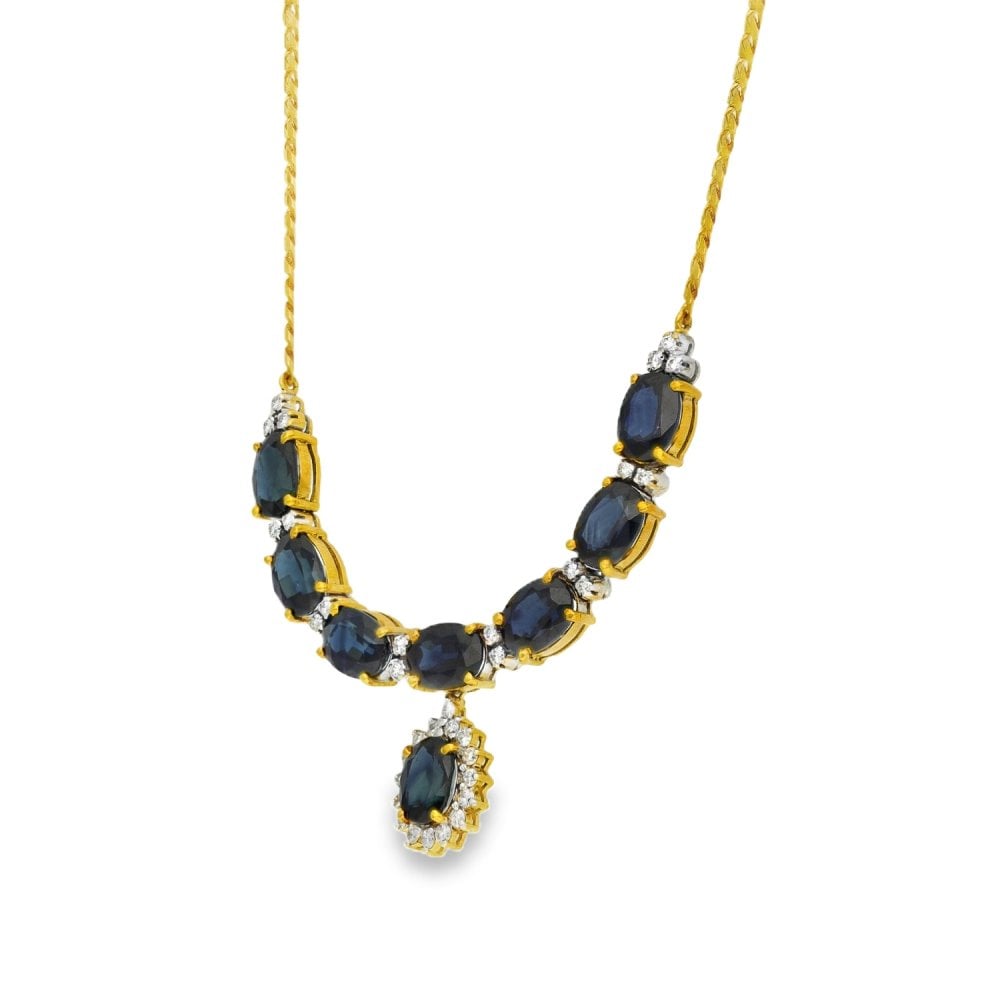 18ct Yellow Gold Sapphire & Diamond Necklace - 16" - 12.25ct
