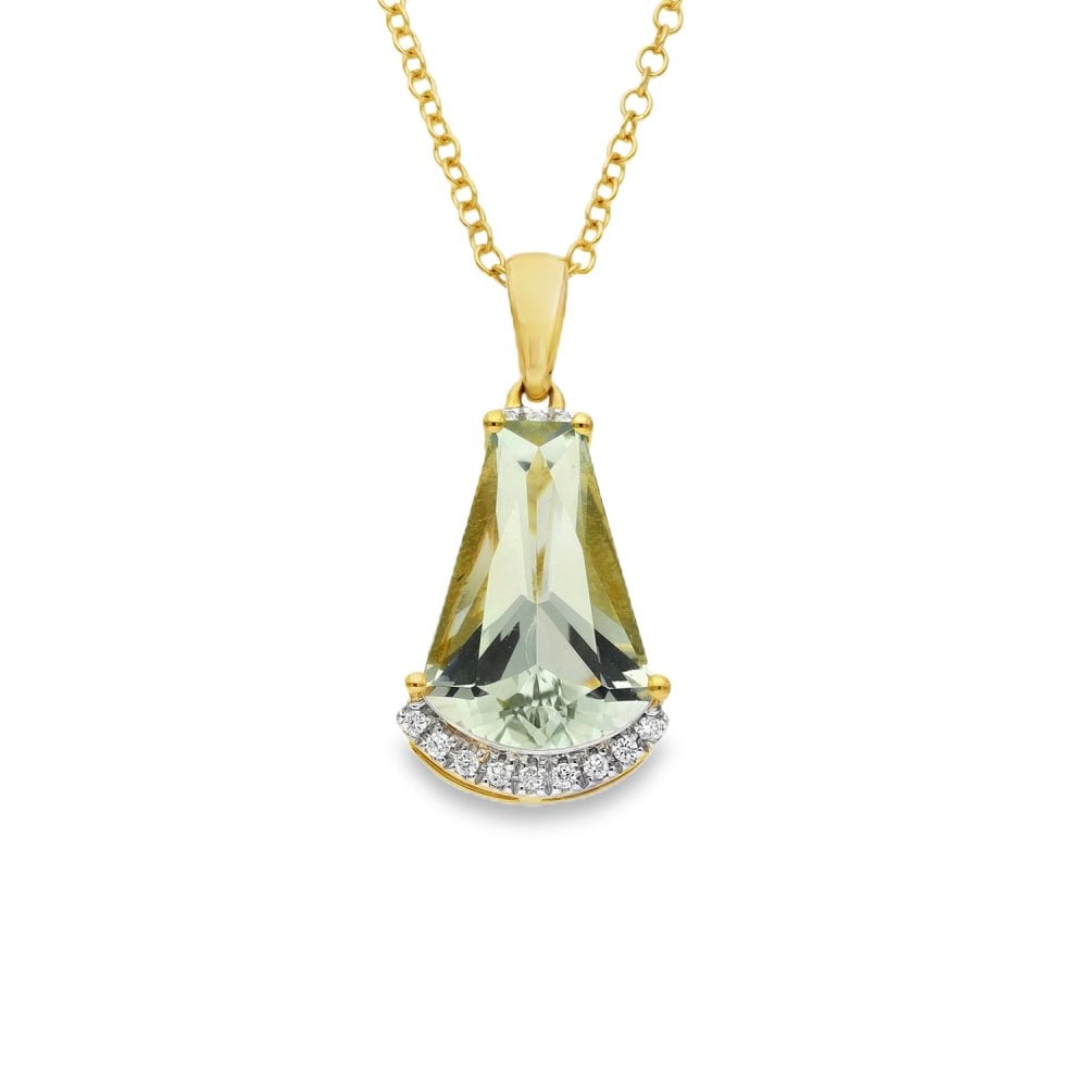 18ct Yellow Gold Green Amethyst & Diamond Pendant & Necklace