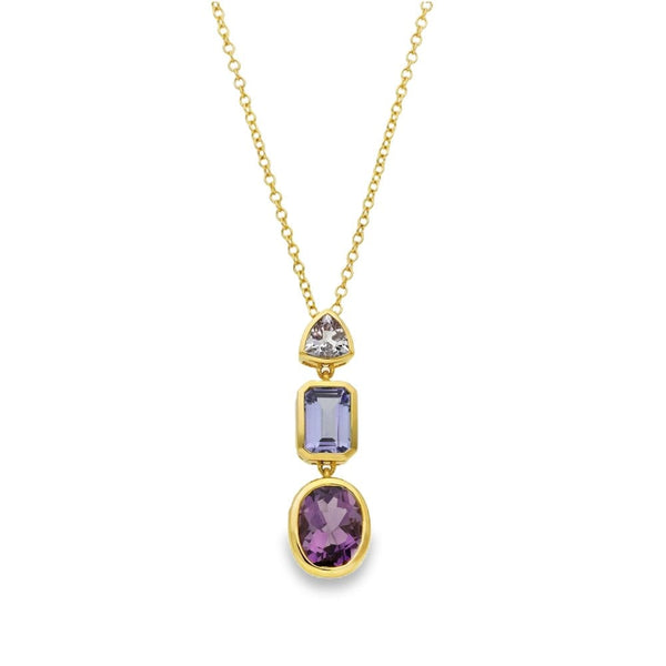 18ct Yellow Gold Amethyst & Tanzanite Pendant & Necklace - 18"