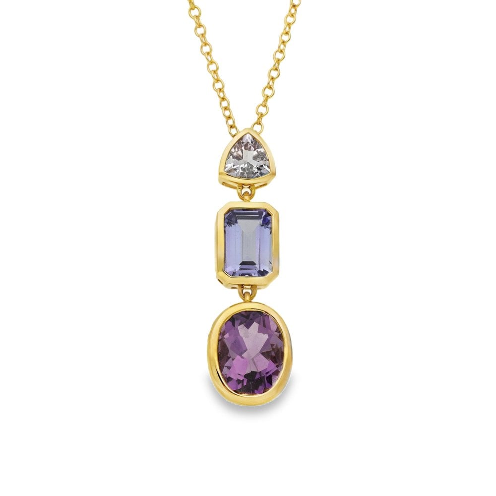 18ct Yellow Gold Amethyst & Tanzanite Pendant & Necklace - 18"